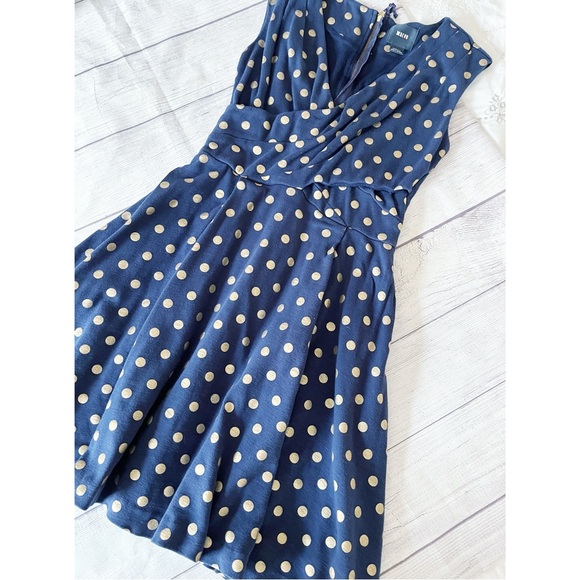 Anthro Maeve navy blue/gold polka dot swing dress XS - Picture 6 of 9